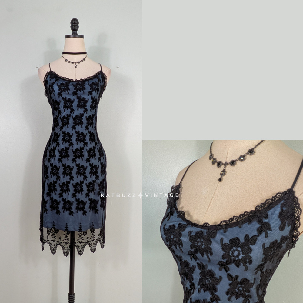 Vintage Betsey Johnson Lace Prom Dress Cocktail Gown XS Blue Black Goth Lace 90S